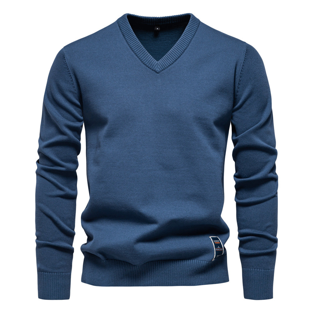 Solid Color V-Neck Knit Sweatershirt