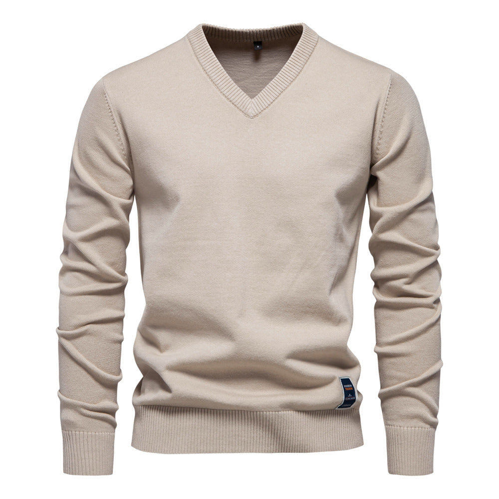 Solid Color V-Neck Knit Sweatershirt