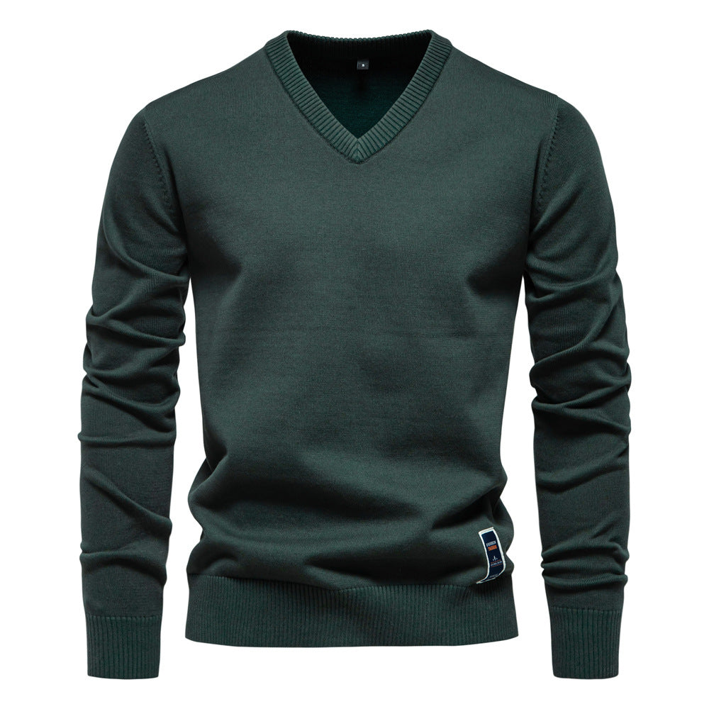 Solid Color V-Neck Knit Sweatershirt