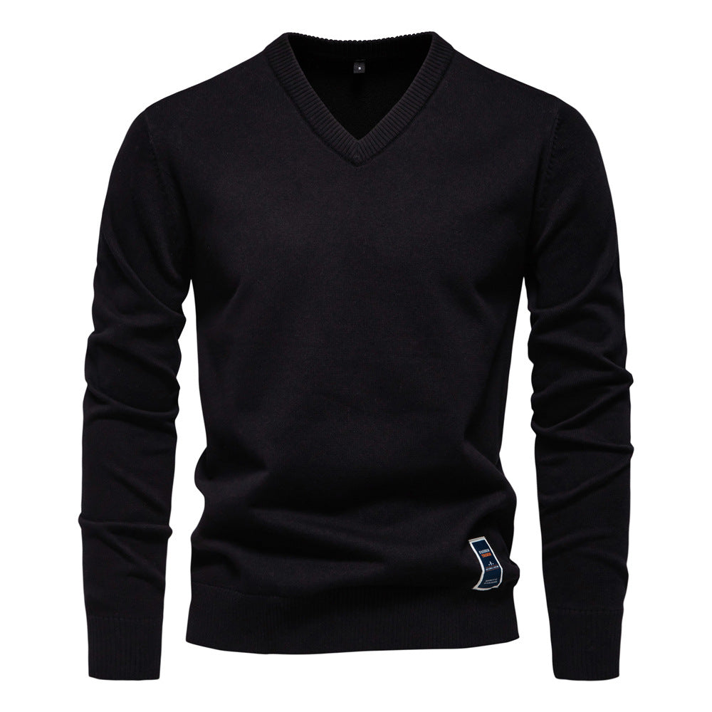 Solid Color V-Neck Knit Sweatershirt