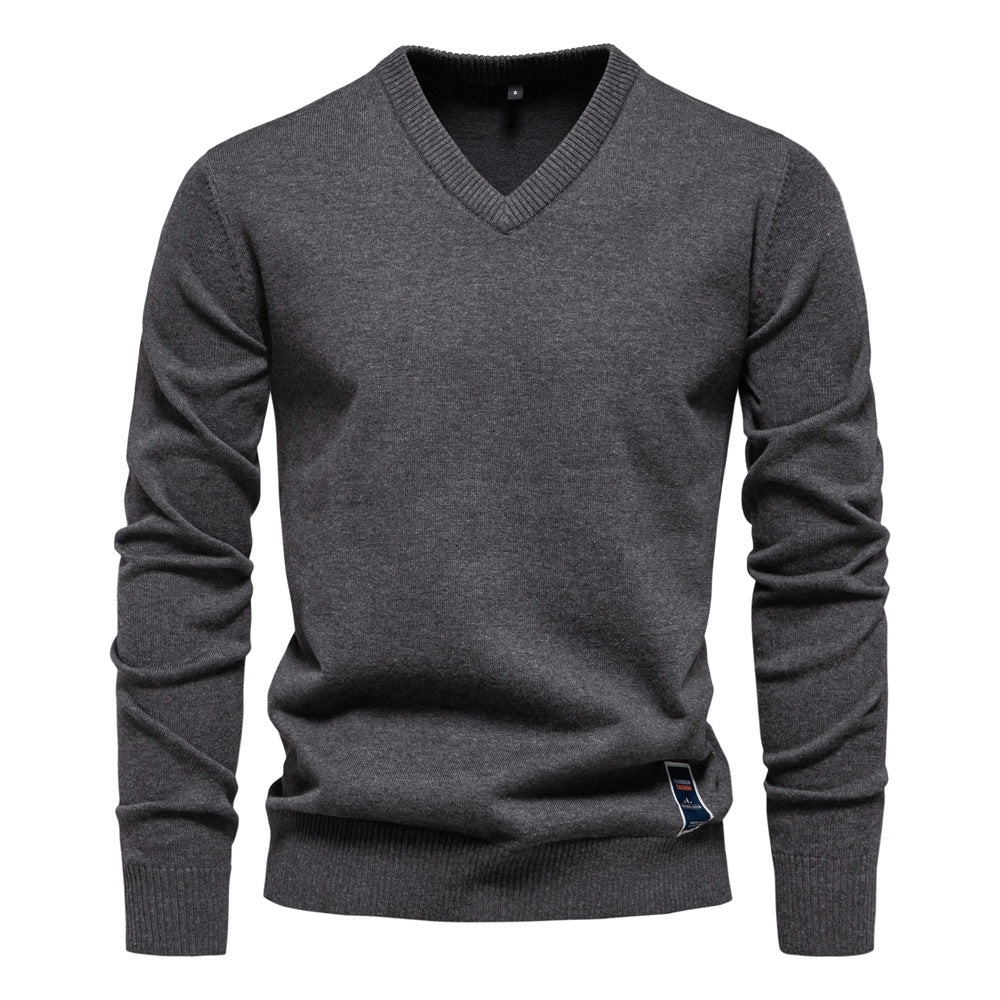 Solid Color V-Neck Knit Sweatershirt