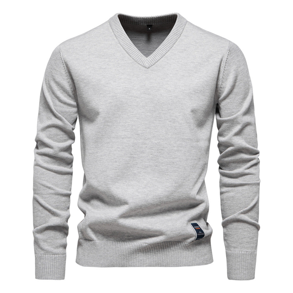 Solid Color V-Neck Knit Sweatershirt