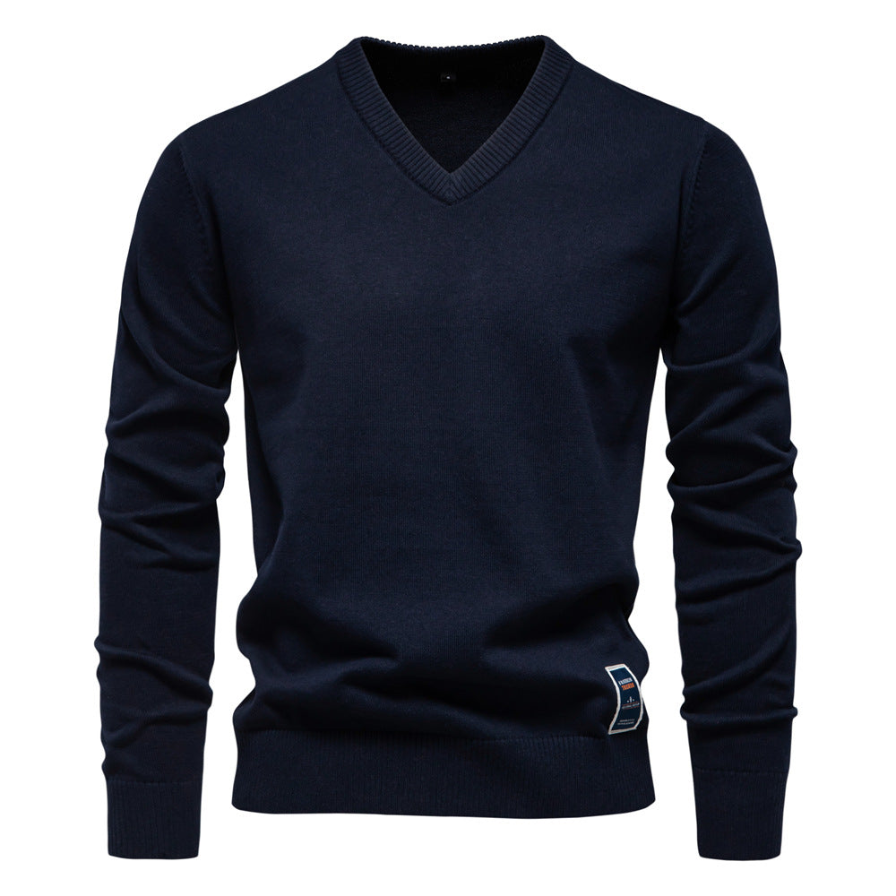 Solid Color V-Neck Knit Sweatershirt