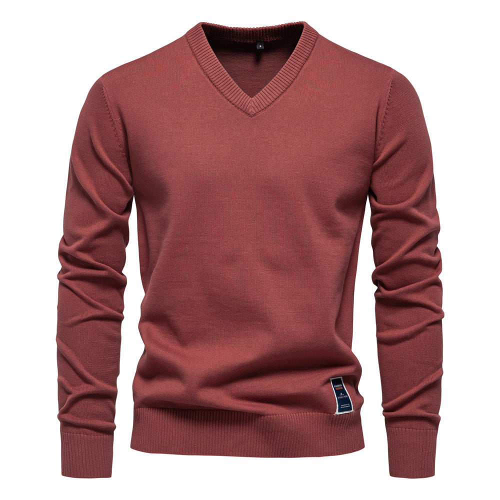 Solid Color V-Neck Knit Sweatershirt